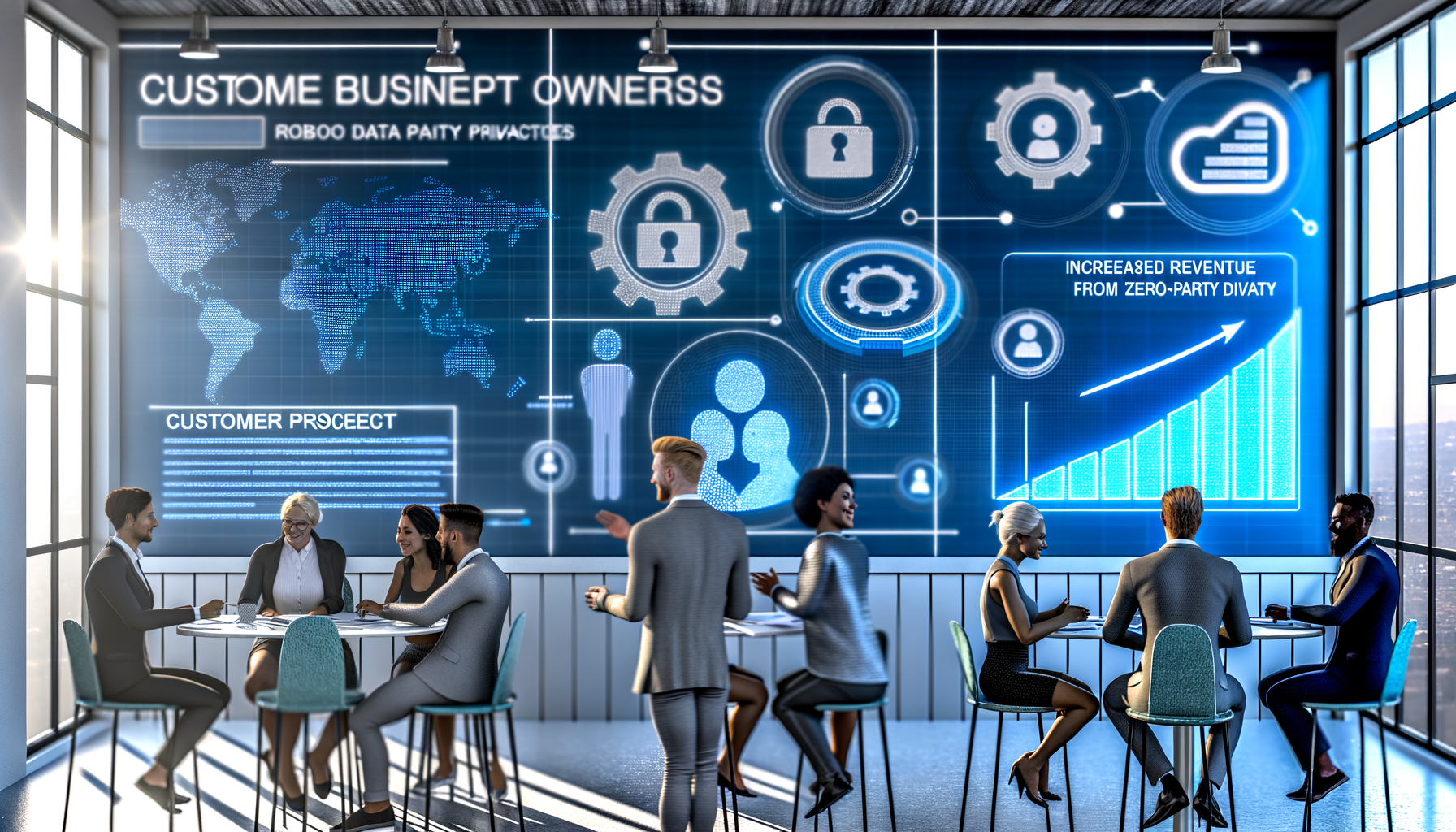 Professional Customer Data Privacy illustration showing Small business owners engaging with customers, Digital interfaces dis