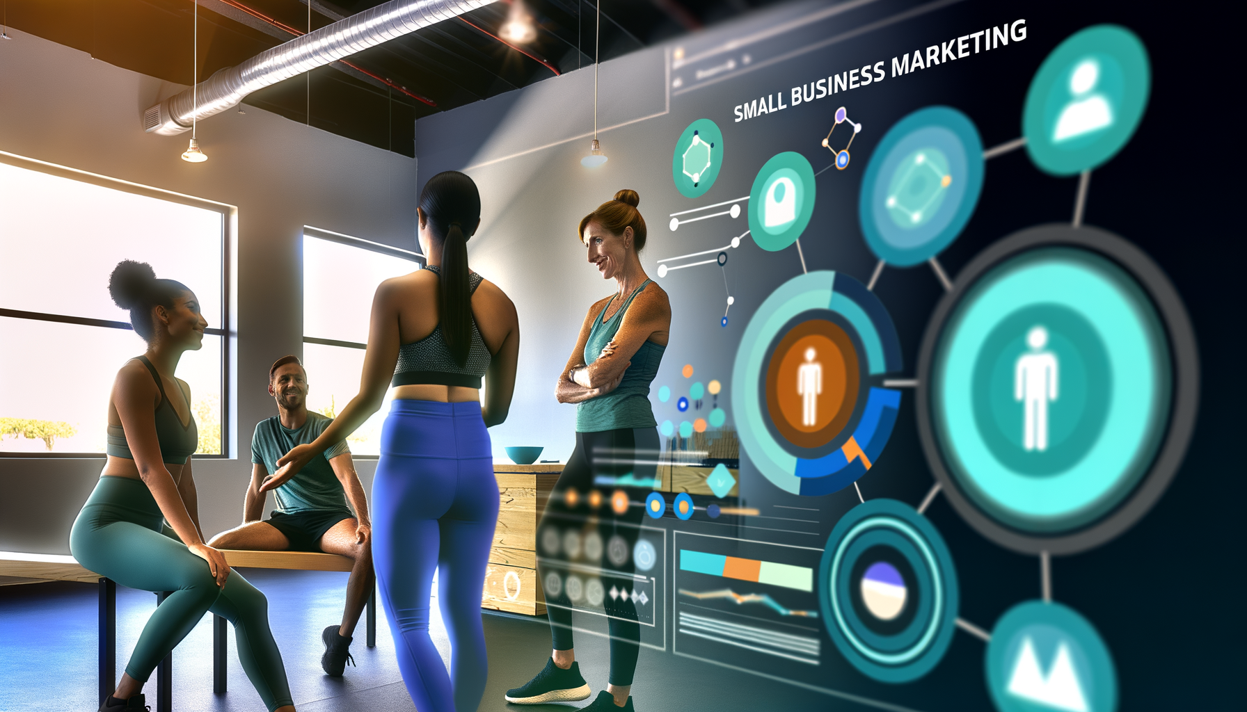 Professional Small Business Innovation illustration showing Boutique fitness studio setting, Data analytics and technology in