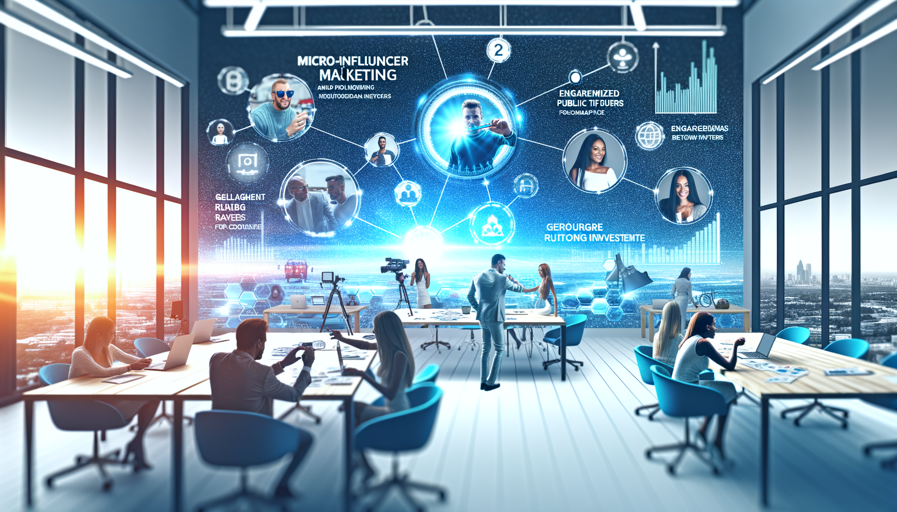 Professional Micro-Influencer Marketing illustration showing Micro-influencers engaging with followers, Data-driven graphics