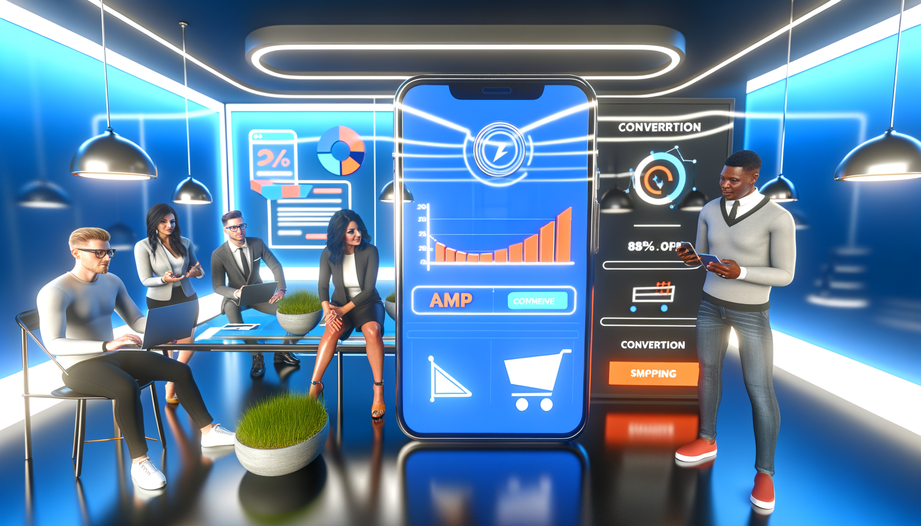 Professional Interactive Email Marketing illustration showing Email interface with interactive elements, Graph showing conver