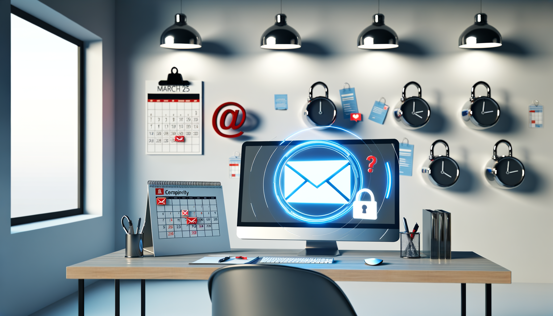 Professional Email Security Compliance illustration showing Email communication interface, Digital security locks and checks