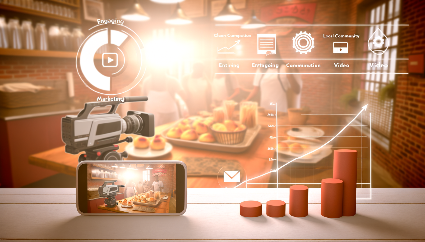 Professional Local Business Video Marketing illustration showing Smartphone filming a bakery, Local bakery setting with video