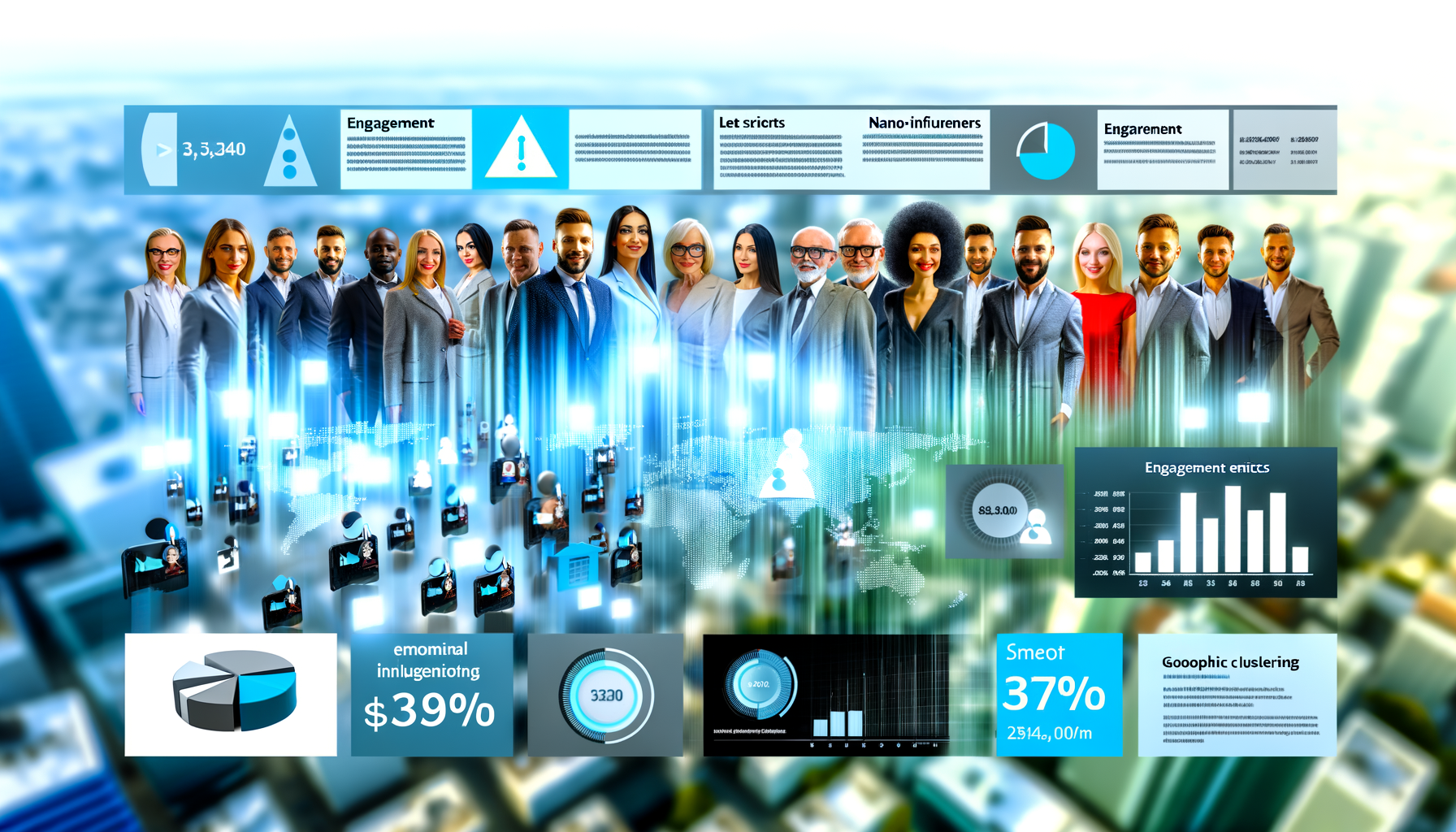 Professional Nano-Influencer Marketing illustration showing Small business owners collaborating with nano-influencers, Engage