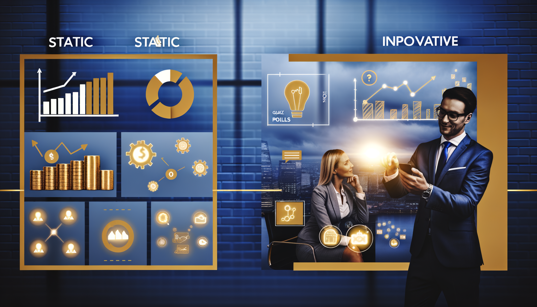 Professional Business Strategy and Innovation illustration showing Interactive digital tools like quizzes and polls, Graphs s