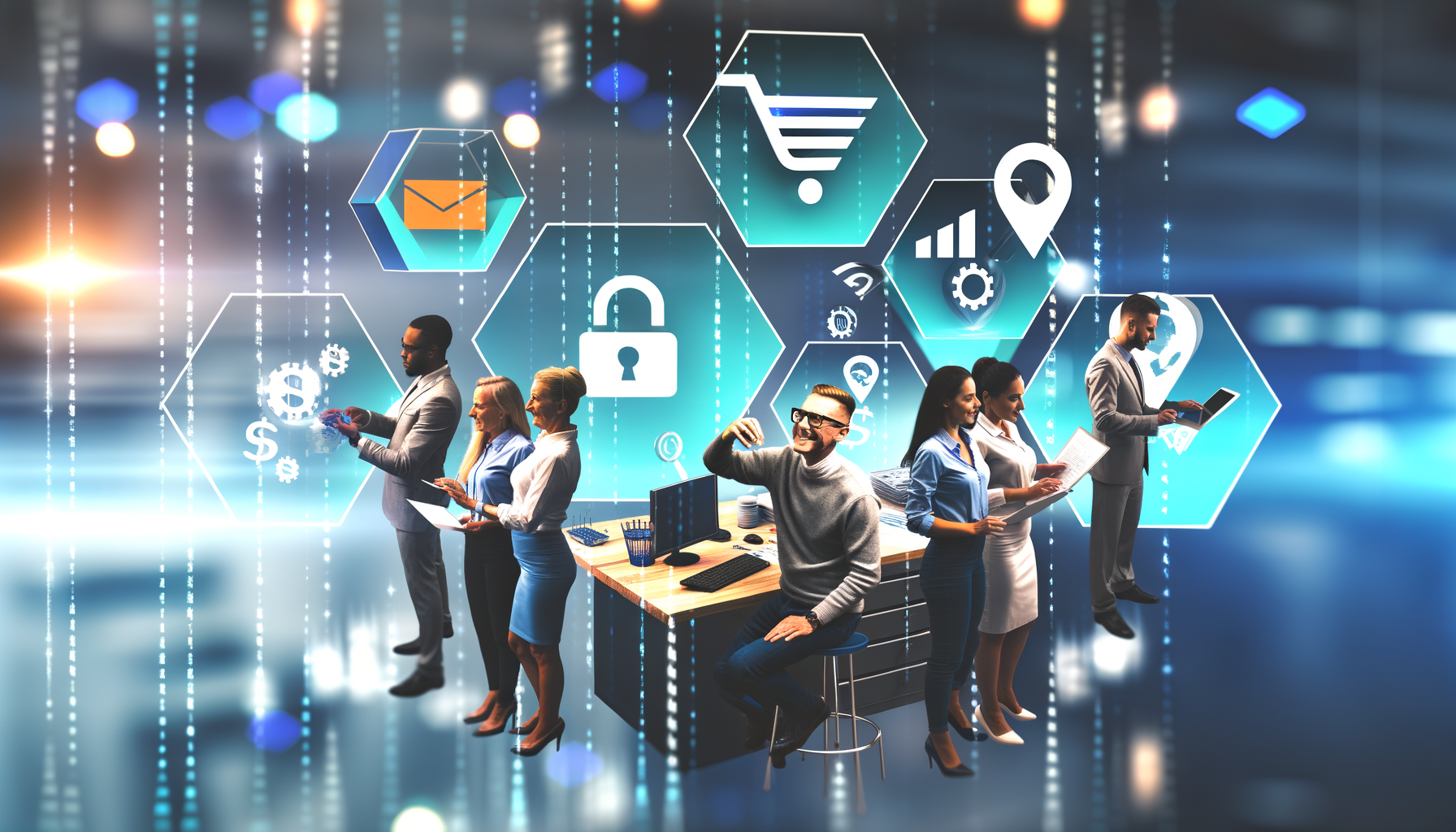 Professional Behavioral Marketing Automation illustration showing Small business owners analyzing data, Real-time digital mar