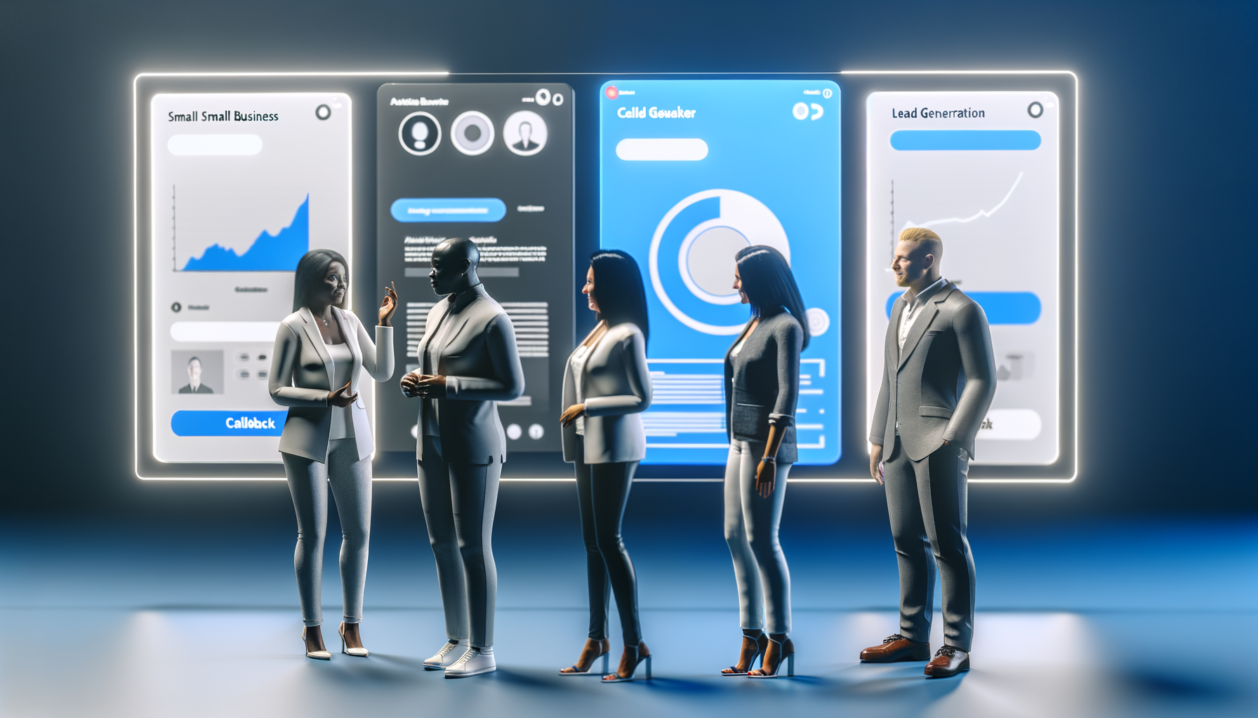 Professional Technology in Business illustration showing Small business owners in a digital setting, Website chat interfaces 