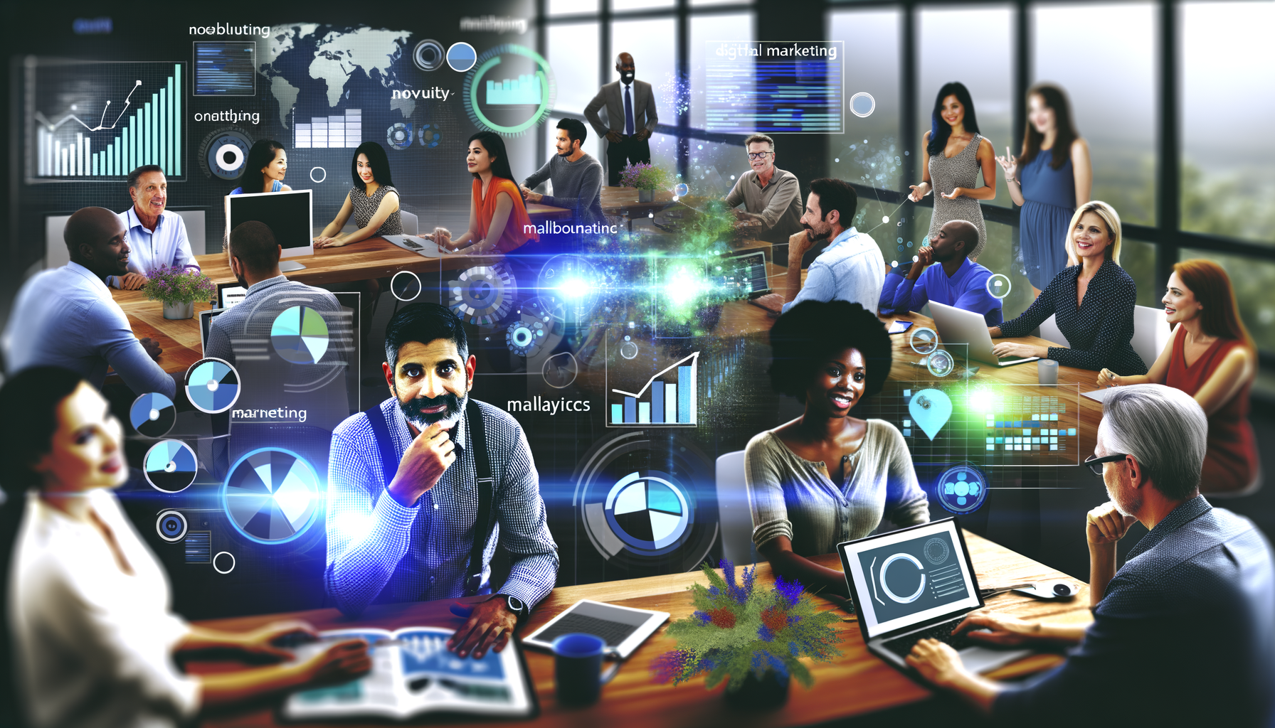 Professional Collaborative Marketing illustration showing Small business owners collaborating, Digital marketing tools relate