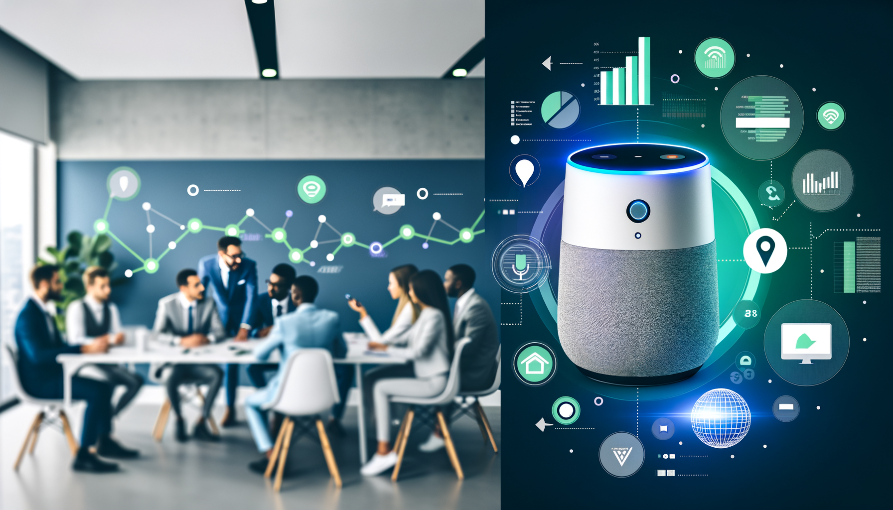 Professional Voice Commerce Optimization illustration showing Voice-activated devices like smart speakers, Dynamic graphs or 