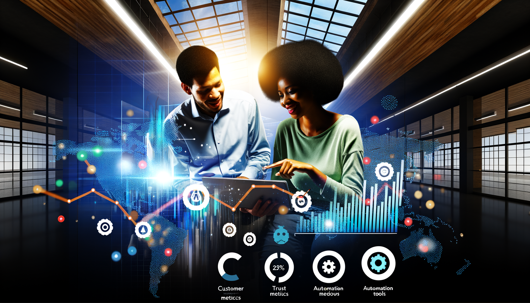 Professional Business and Technology illustration showing Small business owners using technology, Graphs showing trust metric