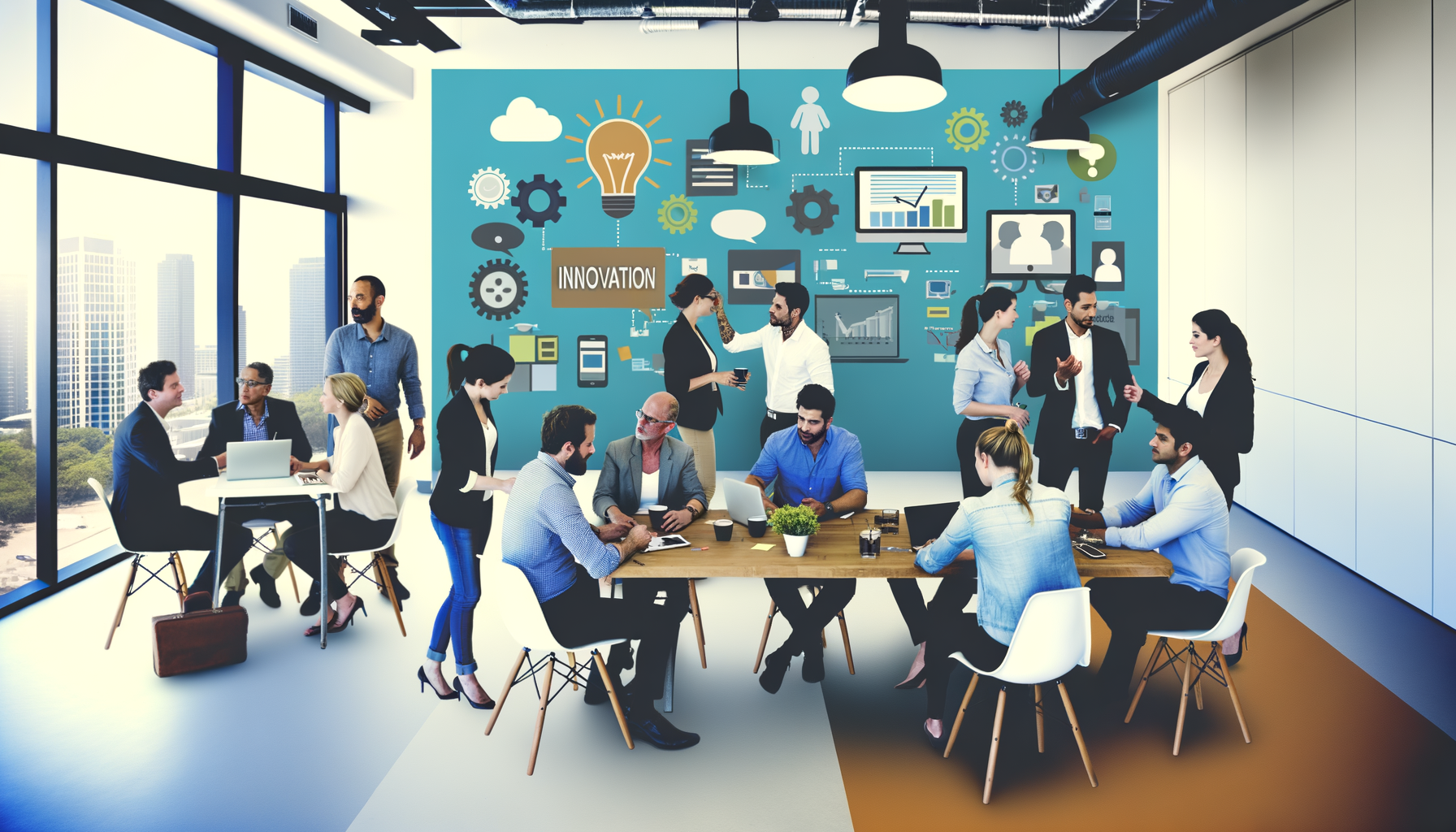 Professional Small Business Innovation illustration showing Entrepreneurs brainstorming with minimal resources, Digital tools