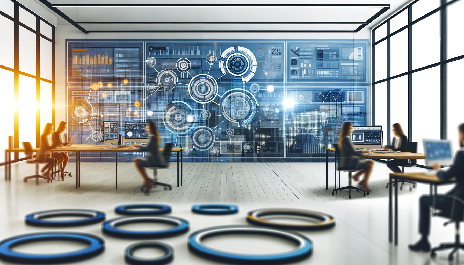 Professional Business and Technology Integration illustration showing Digital dashboards with diverse metrics, Overlapping ne