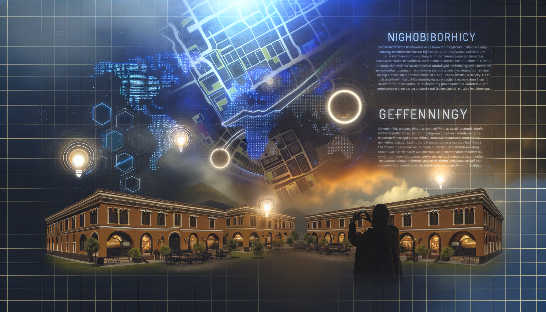 Professional Neighborhood Business Dominance illustration showing Local bakery near Georgia Tech, AI technology interface rel