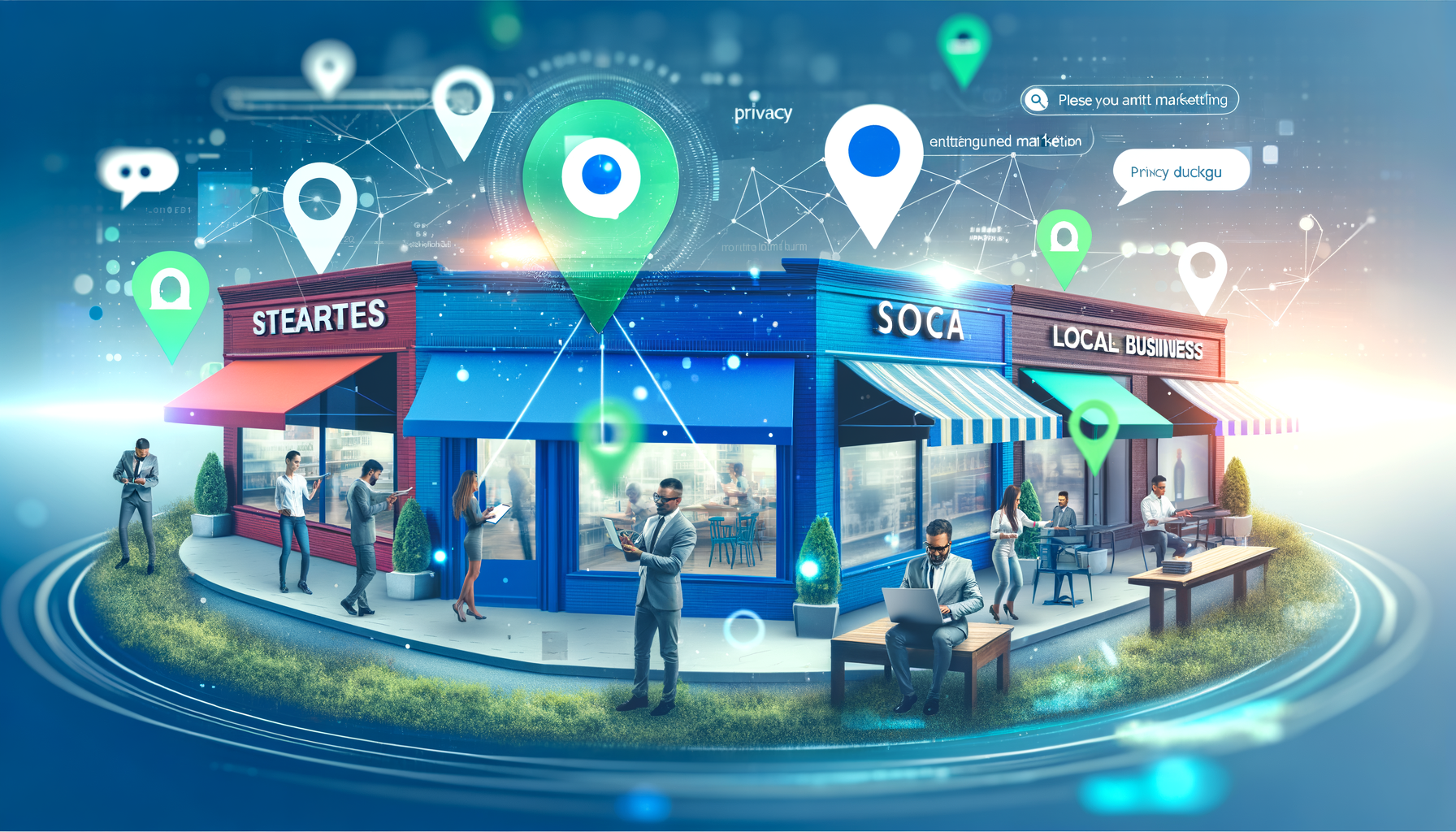 Professional Digital Marketing and Business Innovation illustration showing Local business storefronts, Multiple digital plat