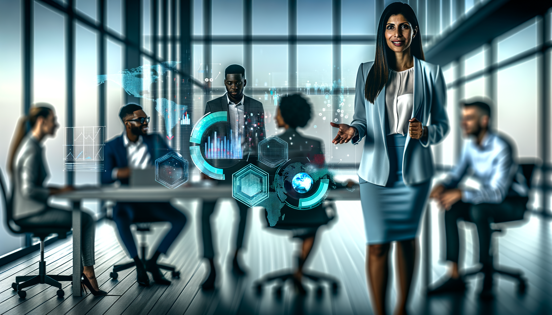 Professional Technology-driven Business Strategy illustration showing Data analytics interface with charts and graphs, Busine