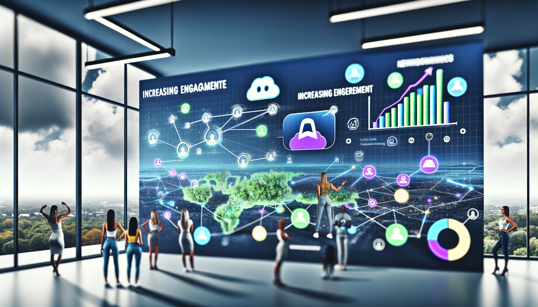 Professional Community-driven Digital Marketing illustration showing Discord interface with community interactions, Local bus