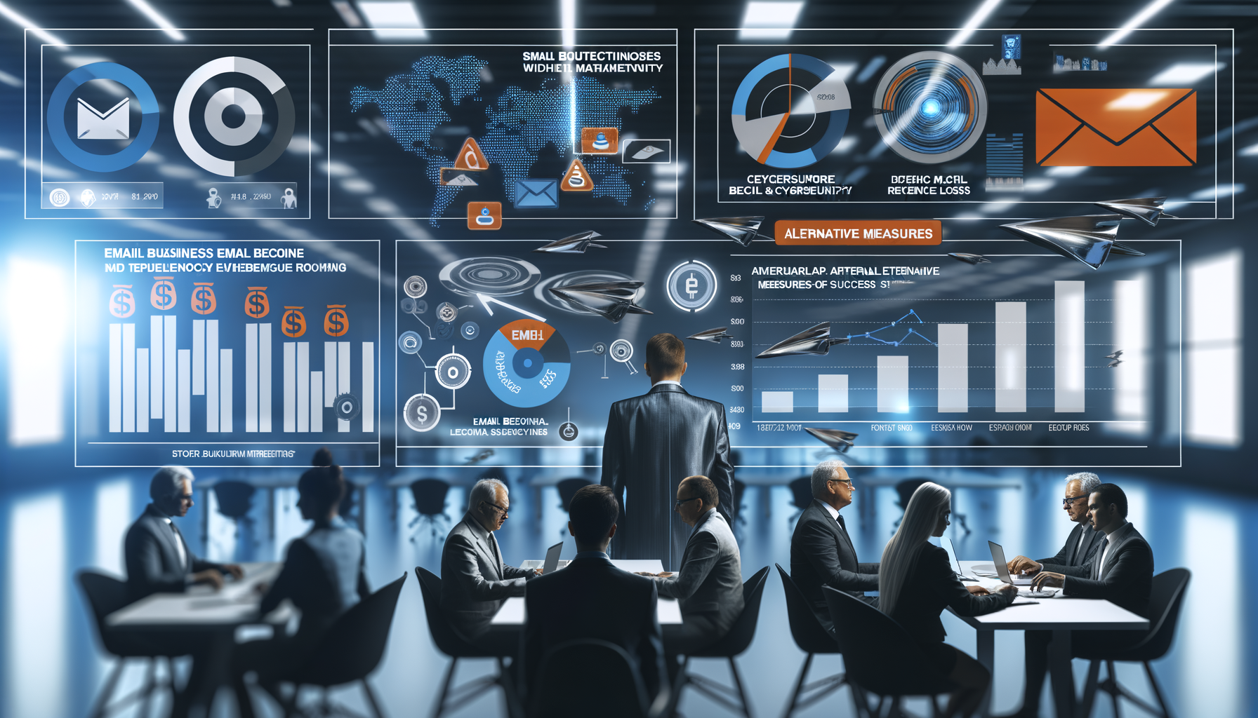 Professional Technology Impact on Business illustration showing Small business owners analyzing email metrics, Visual represe