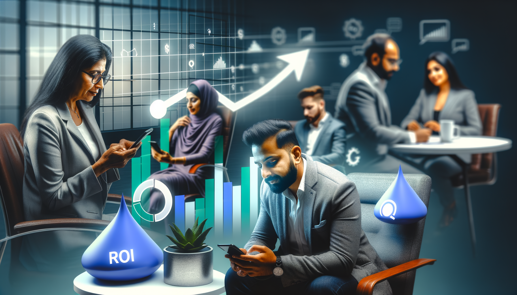 Professional Modern Communication illustration showing Smartphone with SMS notifications, Graph showing ROI increase related